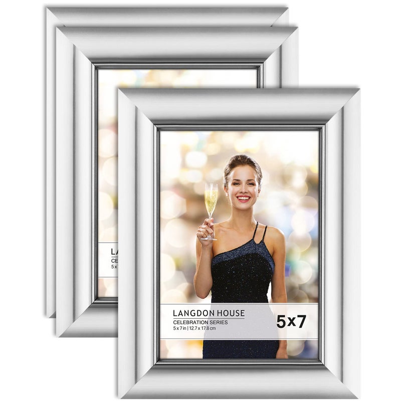 Langdon House 5x7 Picture Frames (Silver, 3 Pack), Contemporary Glam Photo Frames 5 x 7, Wall Mount or Table Top, Celebration Collection - Image 1